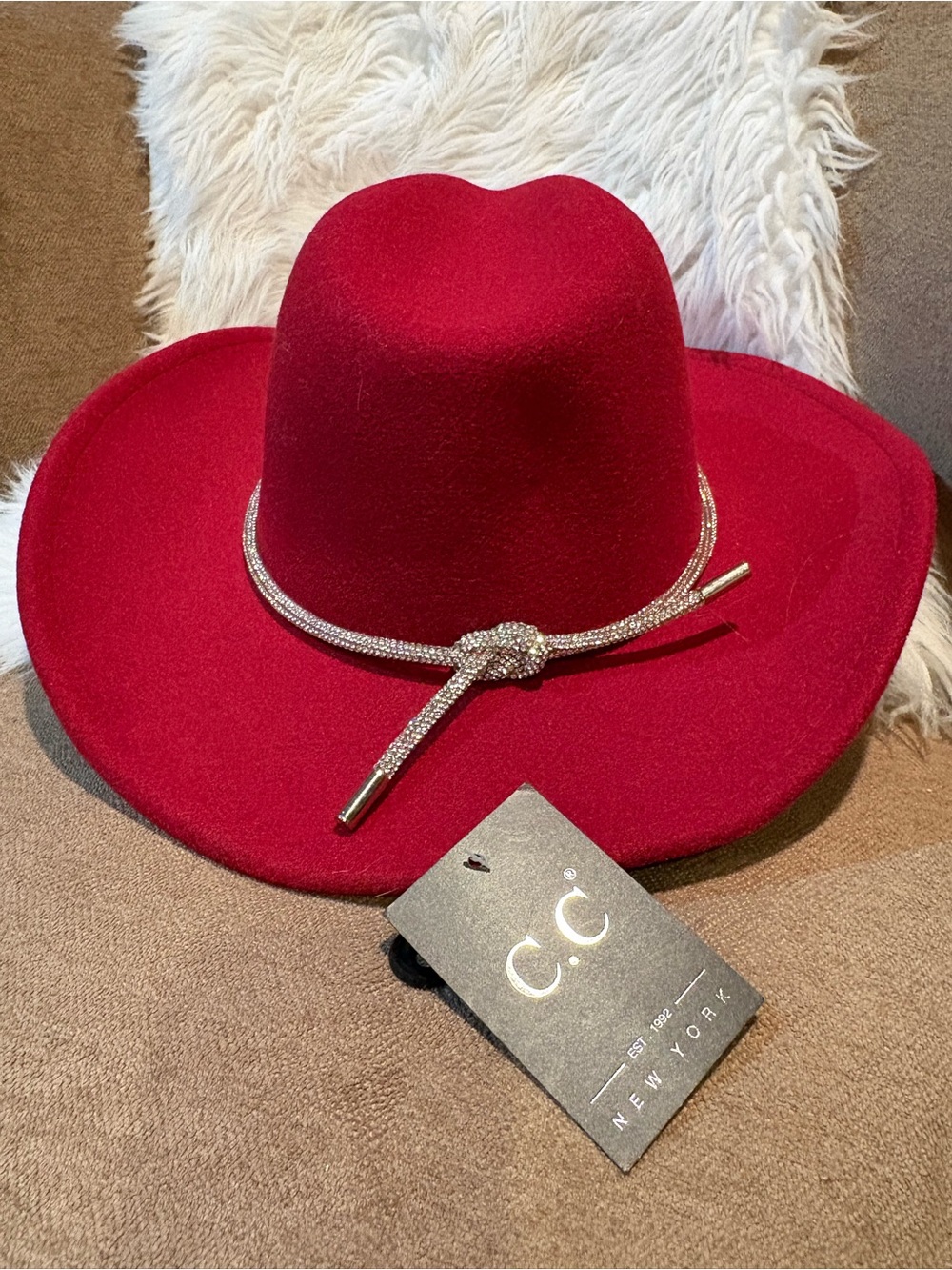 C.C Red Felt Wide Brim Hat with Rhinestone Knot Band